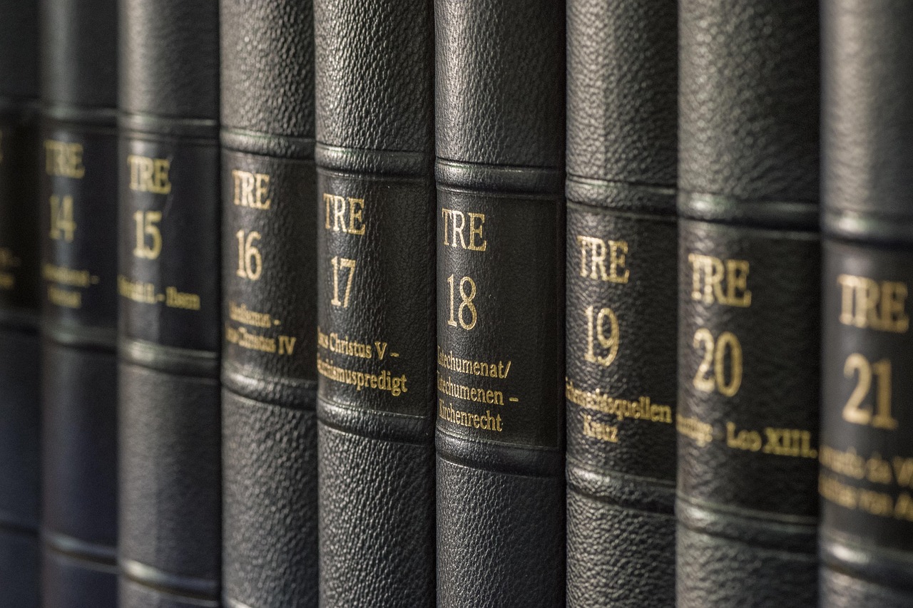 Shelves of leather-bound books