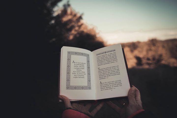 A reader holding an open philosophy book at dusk